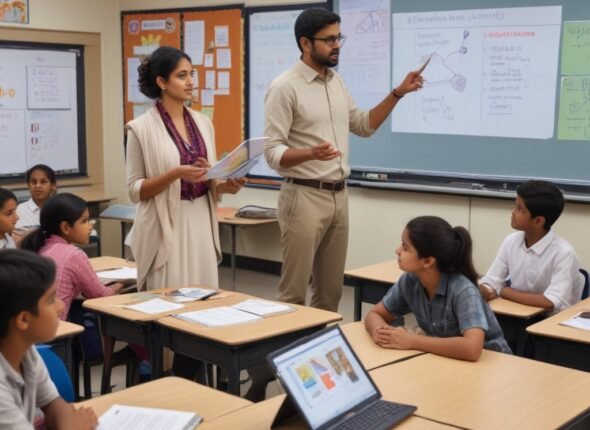 pikaso_texttoimage_An-Indian-teacher-standing-in-a-modern-classroom-s