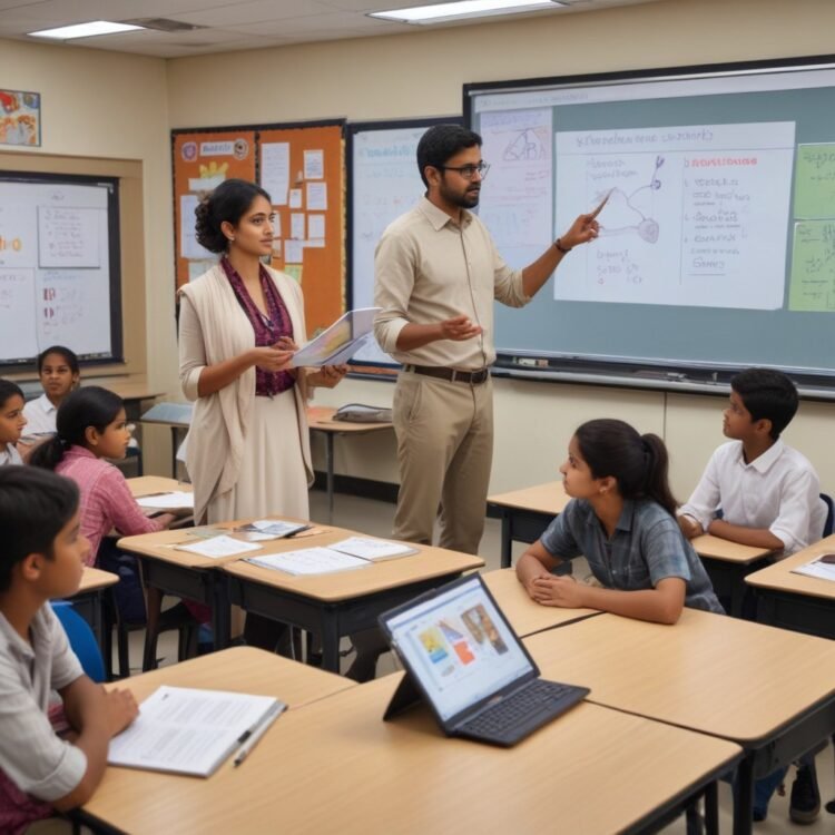 pikaso_texttoimage_An-Indian-teacher-standing-in-a-modern-classroom-s